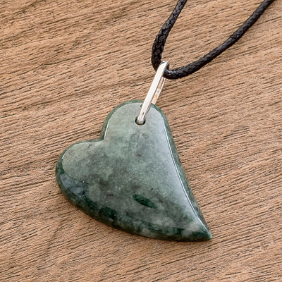 Jade pendant necklace, 'Love Floats' - Handcrafted Green Jade Heart on Cotton Cord Pendant Necklace