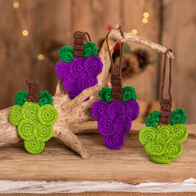 Hand-crocheted ornaments, 'Sweet Grapes' (set of 4) - Hand-Crocheted Green and Purple Grape Ornaments (Set of 4)