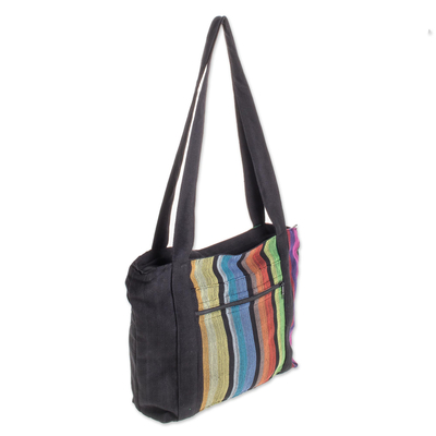 Bolso tote de algodón - Bolsa tote de algodón tejida a mano con rayas verticales de colores en negro