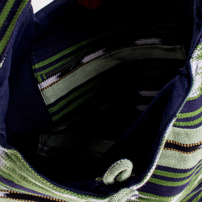 Reversible cotton bucket bag, 'Verdant Paths' - Handwoven Geometric Cotton Bucket Bag in Green