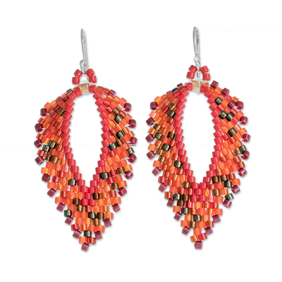 Glass beaded dangle earrings, 'Burning Leaves' - Glass Beaded Dangle Earrings in Orange from El Salvador