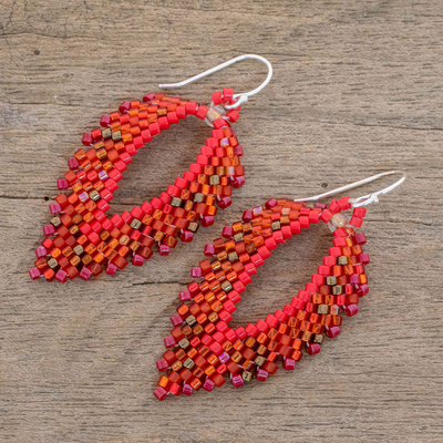 Glass beaded dangle earrings, 'Burning Leaves' - Glass Beaded Dangle Earrings in Orange from El Salvador