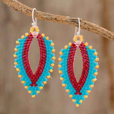 Glass beaded dangle earrings, 'Leafy Vibrance' - Colorful Leaf-Shaped Glass Beaded Dangle Earrings