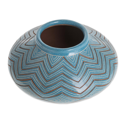 Keramische dekorative Vase, 'Blauer Zickzack'. - Kunsthandwerklich hergestellte dekorative Vase aus blauer Keramik aus Nicaragua