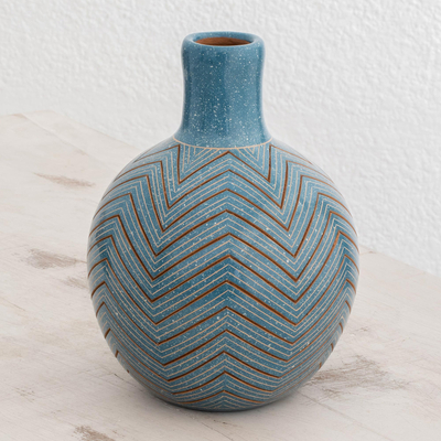 Ceramic decorative vase, 'Stellar Lines' - Handcrafted Blue Ceramic Decorative Vase from Nicaragua