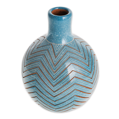 Ceramic decorative vase, 'Stellar Lines' - Handcrafted Blue Ceramic Decorative Vase from Nicaragua