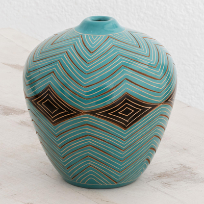 Ceramic decorative vase, 'Stellar Textures' - Handcrafted Green Ceramic Decorative Vase from Nicaragua