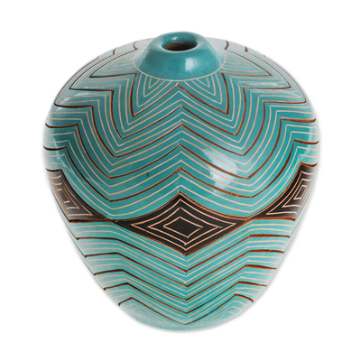 Keramische dekorative Vase, 'Stellare Texturen'. - Handgefertigte grüne Keramik-Dekorvase aus Nicaragua