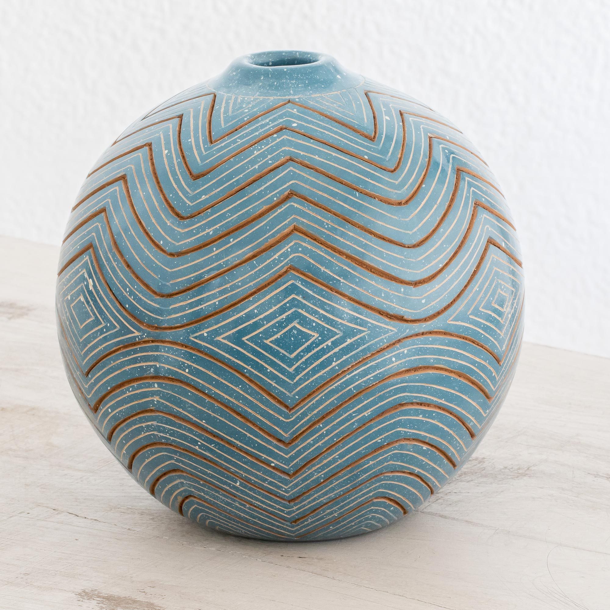 Blue Ceramic Decorative Vase with Zigzag Patterns Harmonic Geometry NOVICA