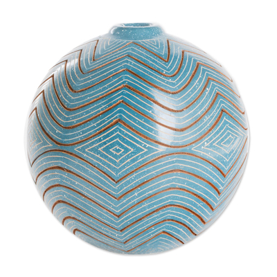Keramische dekorative Vase, 'Harmonische Geometrie'. - Blaue Keramik-Dekorvase mit Zickzack-Mustern