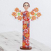 Holzstatuette „Liebe und Führung in Rot“ – handgeschnitzte und bemalte Engelsstatuette aus Holz mit farbenfrohen Blumenmustern