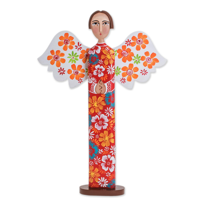 Hand Carved and Painted Colorful Floral Angel Wood Statuette