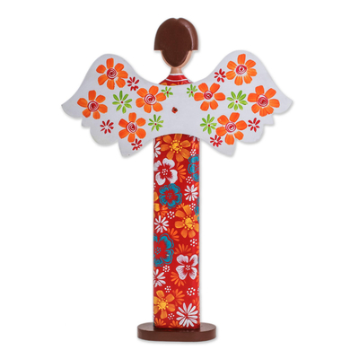 estatuilla de madera - Estatuilla de madera de ángel floral colorida tallada y pintada a mano