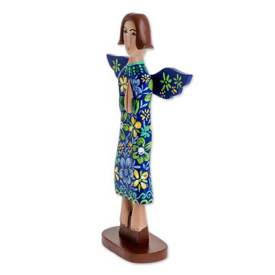 Wood statuette, 'Prayer of Love in Blue' - Hand Carved and Painted Blue Praying Angel Wood Statuette