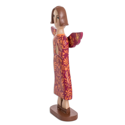 Wood statuette, 'Prayer of Love in Red' - Hand Carved and Painted Red Praying Angel Wood Statuette