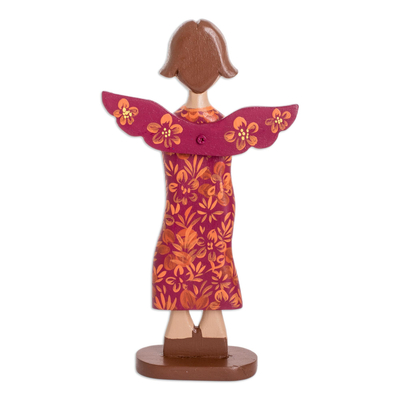 Wood statuette, 'Prayer of Love in Red' - Hand Carved and Painted Red Praying Angel Wood Statuette