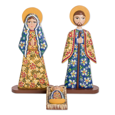 Hand Carved and Painted Wood Nativity Scene (4 Piece)