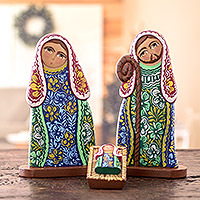 Wood nativity scene, 'Floral Nativity' (4 piece) - colourful Handcrafted Floral Wood Nativity Scene (4 Piece)