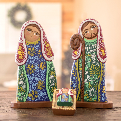 Wood nativity scene, 'Floral Nativity' (4 piece) - Colorful Handcrafted Floral Wood Nativity Scene (4 Piece)