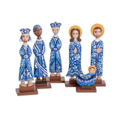 Handcrafted Blue and White Wood Nativity Scene (7 Piece)
