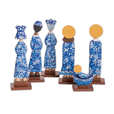 Wood nativity scene, 'Light and Hope in Blue' (7 piece) - Handcrafted Blue and White Wood Nativity Scene (7 Piece)