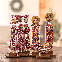 Wood nativity scene, 'Light and Hope in Red' (7 piece) - Handcrafted Red Floral Wood Nativity Scene (7 Piece)