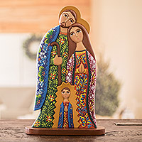 Handcrafted Colorful Floral Wood Nativity Scene Statuette,'Hope in Bloom'