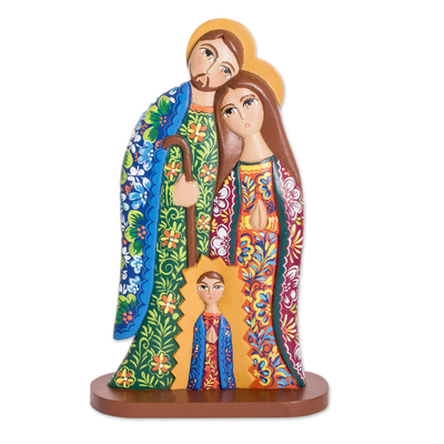 Handcrafted Colorful Floral Wood Nativity Scene Statuette