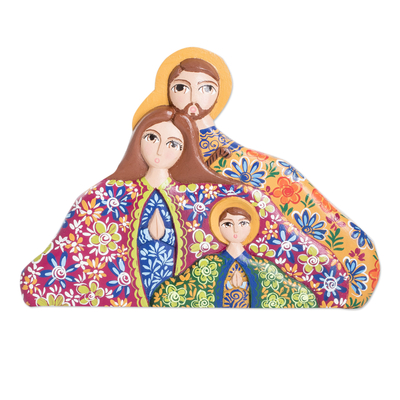 Colorful Floral Handcrafted Wood Nativity Scene Statuette