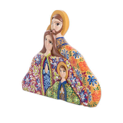 Wood statuette, 'Family of Love' - colourful Floral Handcrafted Wood Nativity Scene Statuette