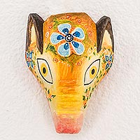 Wood mask, 'Floral Piglet' - Floral Pinewood Piglet Wall Mask from Guatemala