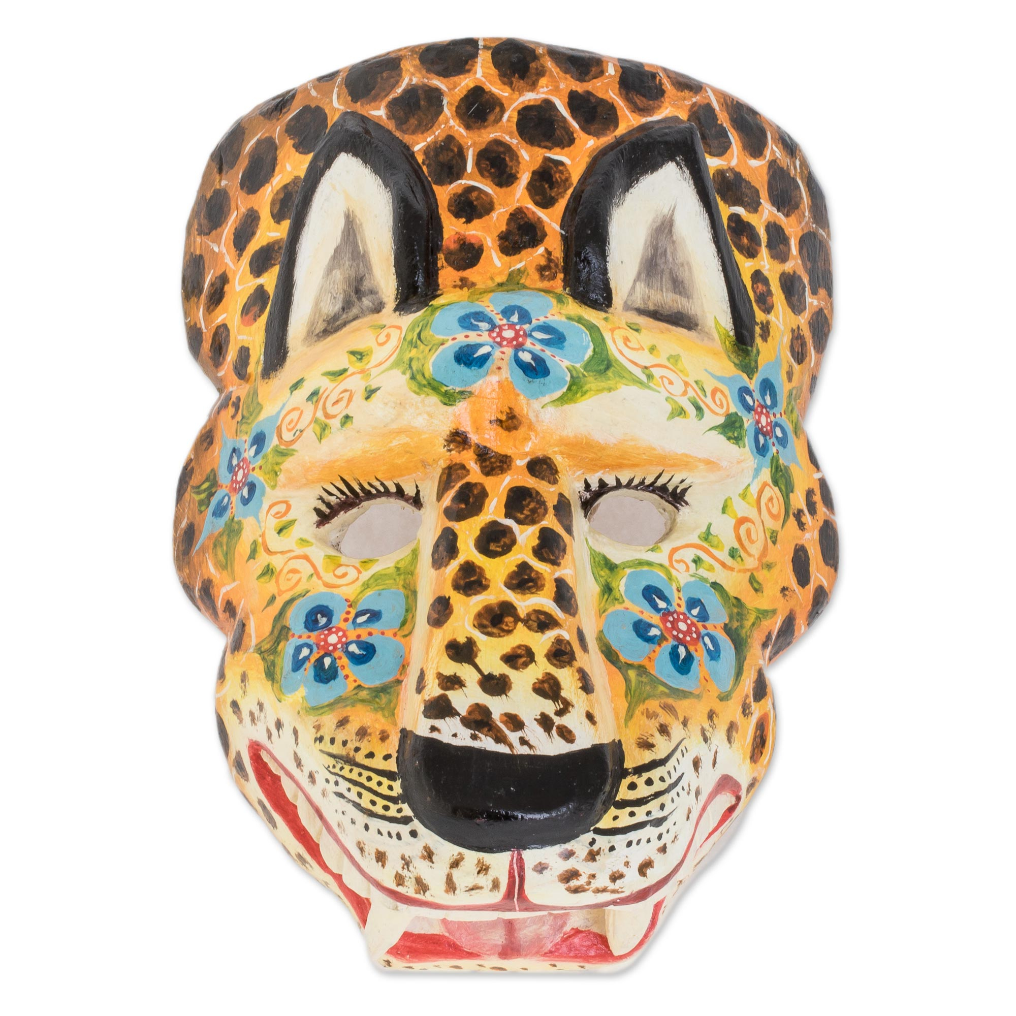 UNICEF Market | Floral Pinewood Jaguar Wall Mask Guatemala - Floral Sacred Energy