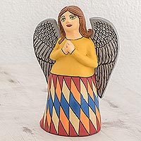 Ceramic statuette, 'Faithful Angel' - Hand-Painted Yellow Ceramic Angel Statuette from Nicaragua