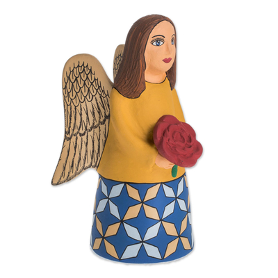Ceramic statuette, 'Angel's Flower' - Ceramic Statuette of an Angel with a Flower from Nicaragua