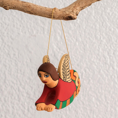 Terracotta ornament, 'Angel of the Sky' - Hand Painted Terracotta Angel Ornament