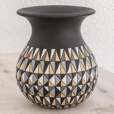 Ceramic decorative vase, 'Geometry Night' - Hand-Painted Geometric Ceramic Decorative Vase in Black