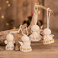 Cotton ornaments, 'Precious Angels' (set of 4) - Hand-Crocheted Cotton Angel Ornaments in Eggshell (Set of 4)