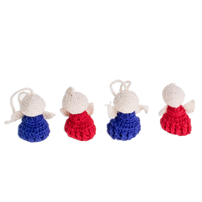 Cotton ornaments, 'Angelic Love' (set of 4) - Red and Blue Cotton Angel Ornaments (Set of 4)