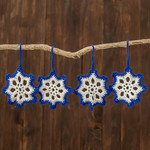 Hand-crocheted ornaments, 'Sapphire Snowflakes' (set of 4) - Hand-Crocheted Snowflake Ornaments in Sapphire (Set of 4)