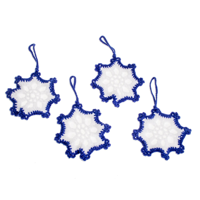 Hand-crocheted ornaments, 'Sapphire Snowflakes' (set of 4) - Hand-Crocheted Snowflake Ornaments in Sapphire (Set of 4)