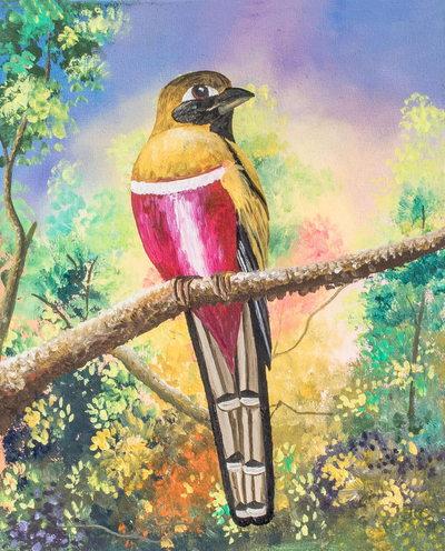 'Natural Enchantment' - Signed Painting of a Red-Breasted Bird from Guatemala
