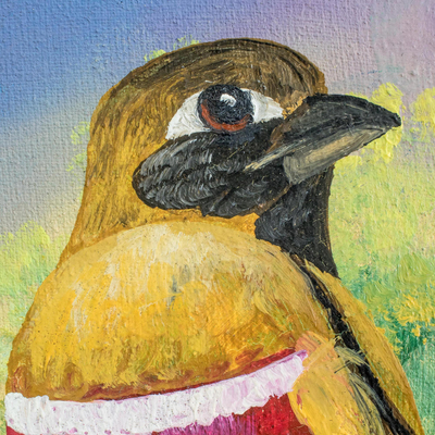 'Natural Enchantment' - Pintura firmada de un pájaro de pecho rojo de Guatemala