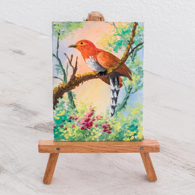 Miniature painting with easel, 'Sweet Song' - Realist Painting of an Orange Bird with Easel from Guatemala
