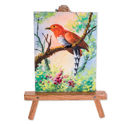 Realist Painting of an Orange Bird with Easel from Guatemala