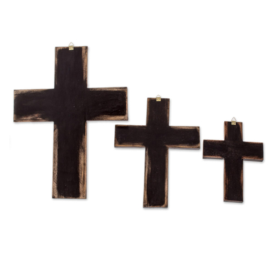 Cruces de pared de madera, (juego de 3) - Cruces de pared de madera marrón de Guatemala (juego de 3)