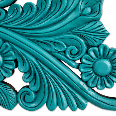 Wood relief panel, 'Mister Sun' - Hand-Carved Floral Wood Relief Panel in Blue from Guatemala