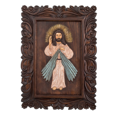Reliefplatte aus Holz - Handgefertigte Jesus-Relieftafel aus Kiefernholz aus Guatemala