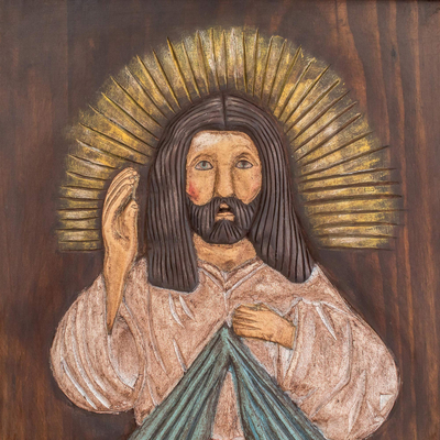 Reliefplatte aus Holz - Handgefertigte Jesus-Relieftafel aus Kiefernholz aus Guatemala