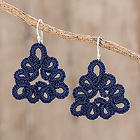 Hand-tatted dangle earrings, 'Petal Essence in Indigo' - Hand-Tatted Dangle Earrings in Indigo from Guatemala