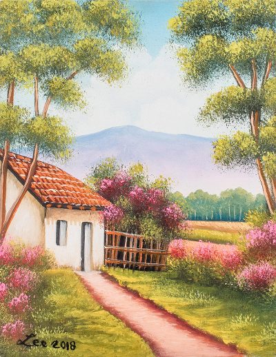 'Pueblo Mágico' - Pintura firmada de una casa de campo de Guatemala